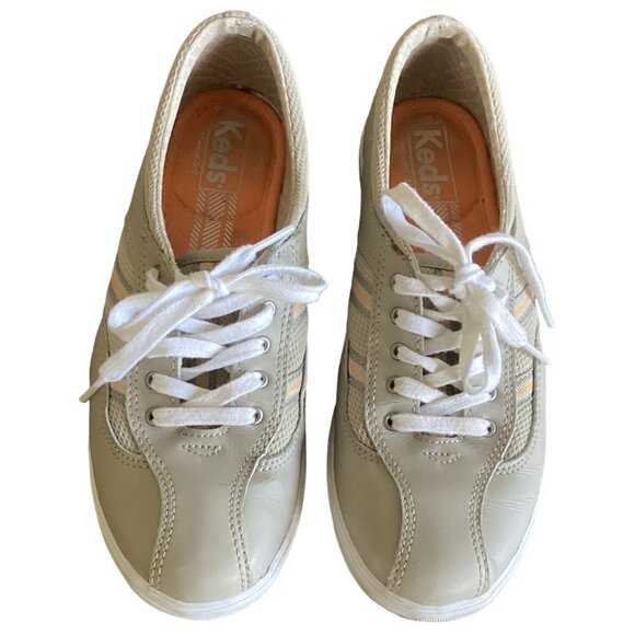 Keds Leather Lace-Up Oxford Sneaker Contrast Stripe 7.5 Stone/Taupe Beige 144T - Picture 2 of 9
